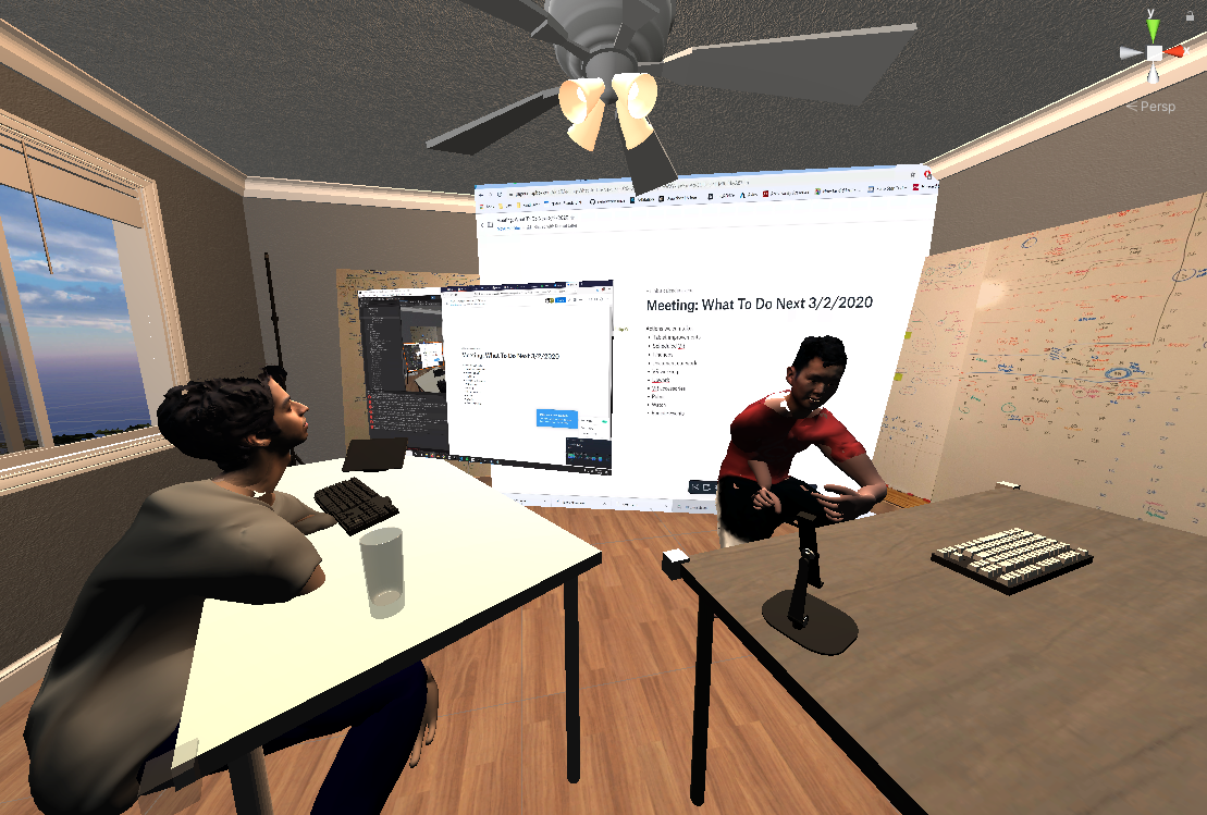 Screenshot shows a digital reconstruction of our physical office space inside virtual reality. It shows the entire Siempre team at their respective desks but as 3D avatars that we designed to look like our physical selves. Our monitors are also represented in VR and the screenshot shows that they are visible to all team members. There is also a virtual whiteboard that has our notes from real life.